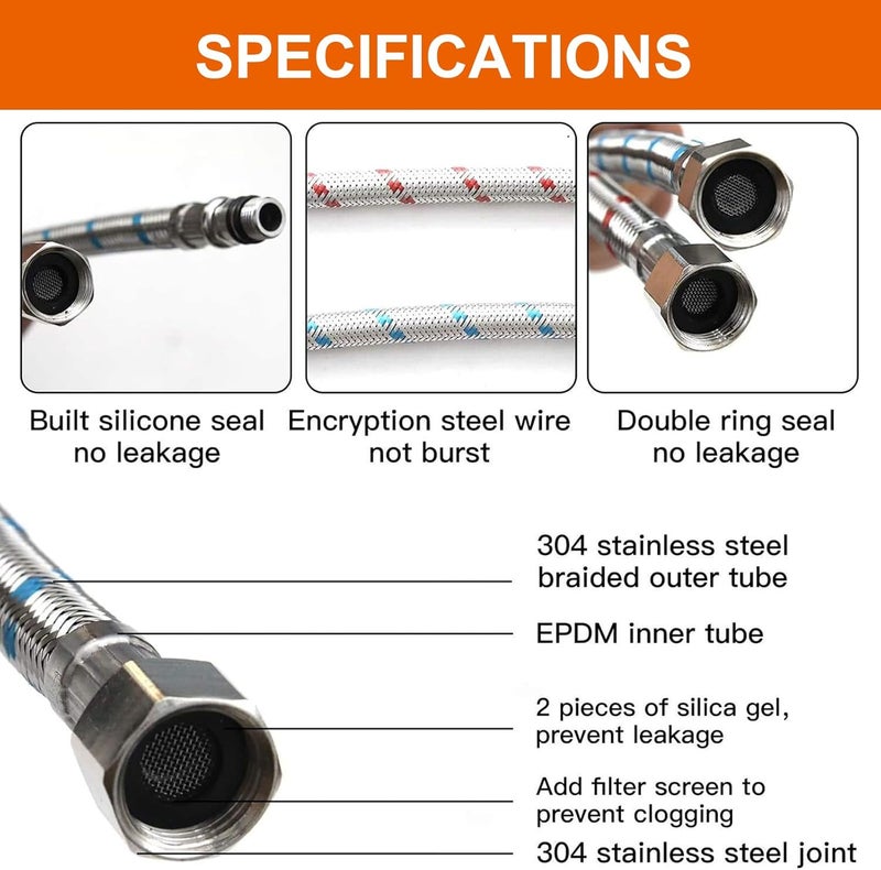 RUITHOE 16" Flexible Connector Braided Stainless Steel Bathroom Faucet Supply Lines Bathroom Kitchen Faucet Hose Length 3/8-Inch Female Compression Thread x M10 Male Connector x 2 Pcs (1 Pair) - Image 3